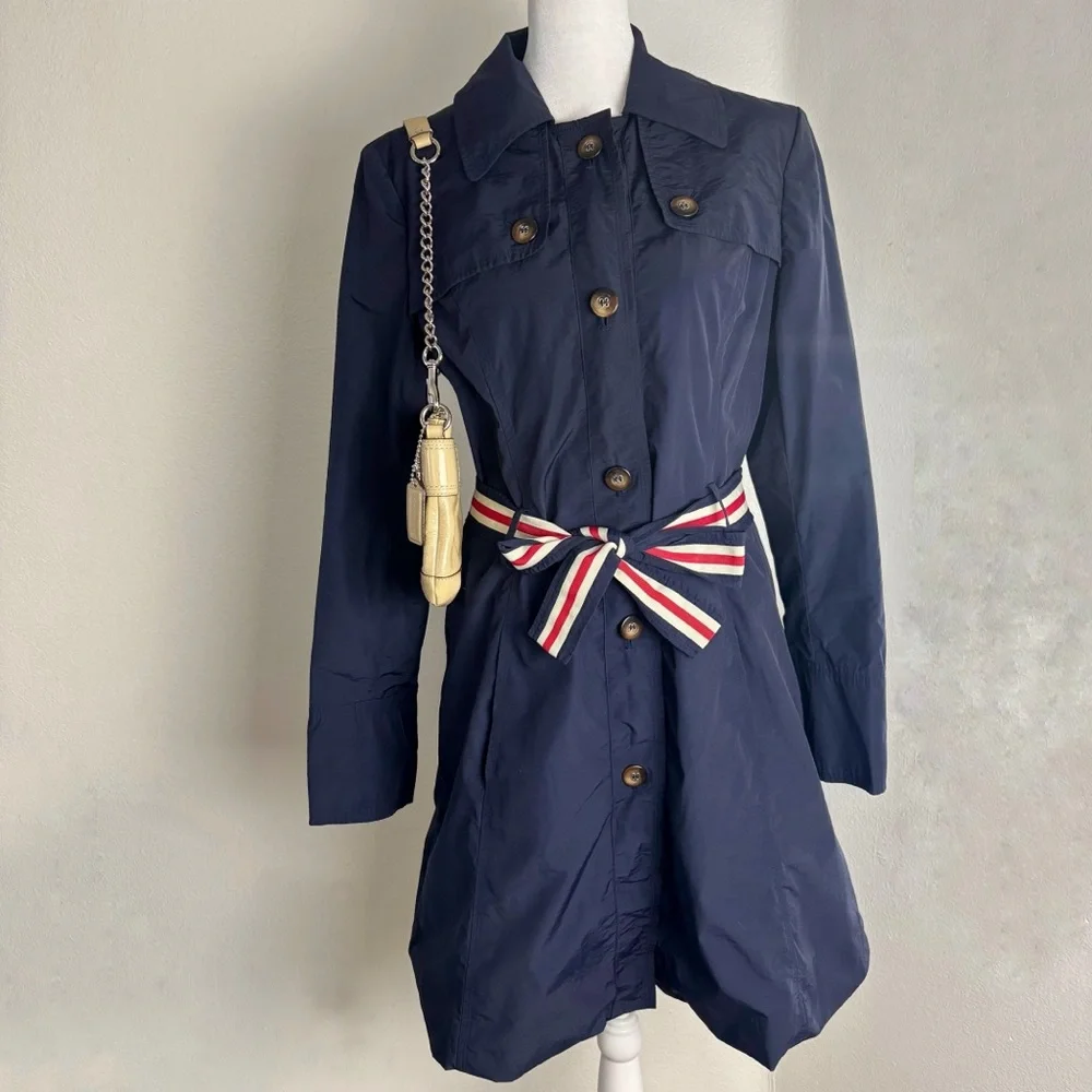 Tommy Hilfiger Navy Belted Trench Coat Size M - Picture 1 of 8